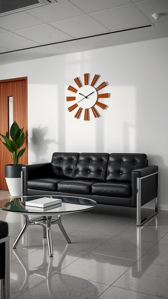 A stylish black leather tuxedo sofa with chrome legs, a glass coffee table, and a potted plant in a modern office setting.