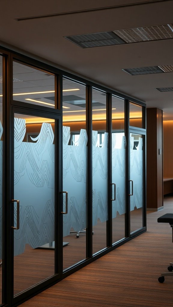A modern office space featuring sleek glass partition walls with artistic designs.