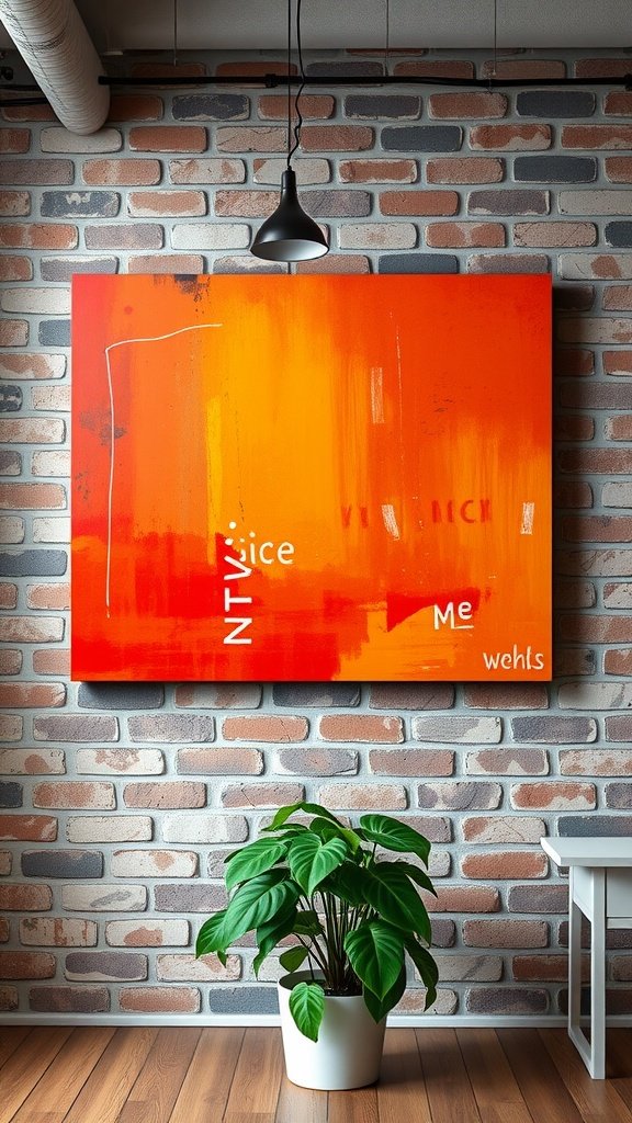 Abstract art with orange hues and text on a brick wall