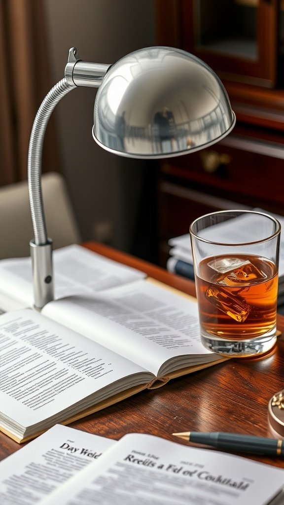 A chrome desk lamp illuminating an open book and a glass of whiskey on a wooden desk.