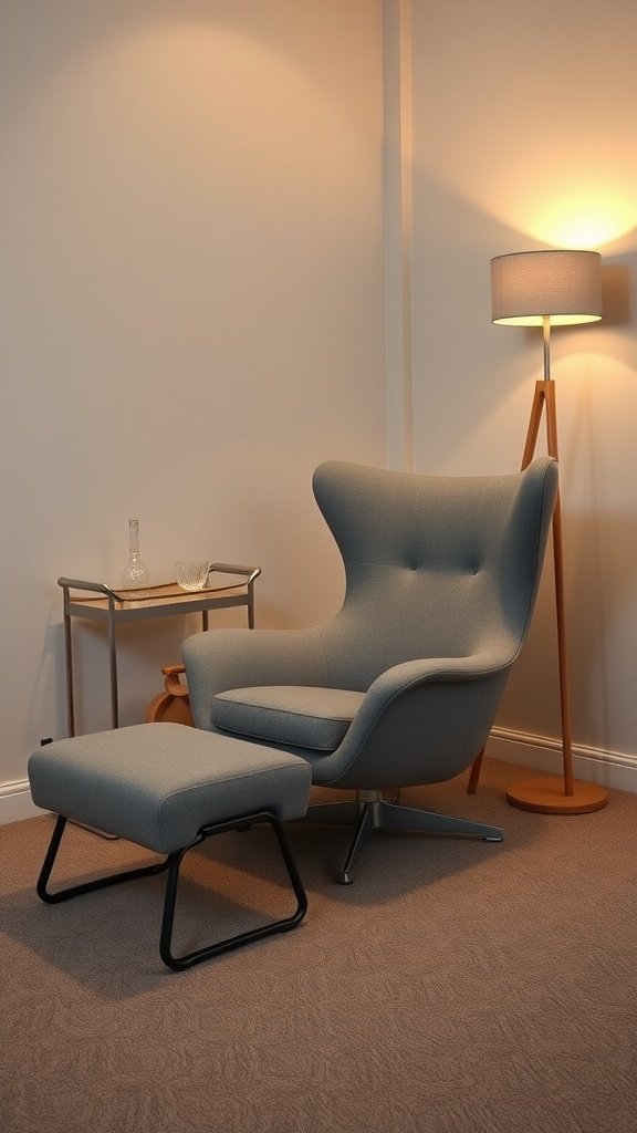 A stylish Womb Chair with an ottoman, complemented by a lamp and side table, showcasing mid-century modern design.