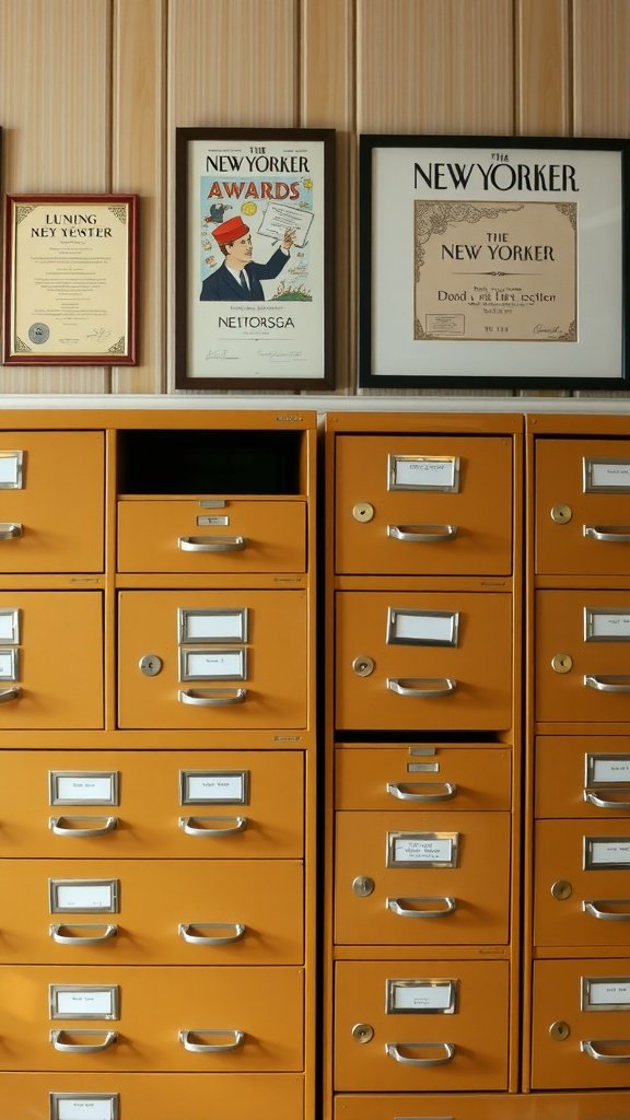 Vintage orange filing cabinets with labeled drawers and framed artwork on the wall.