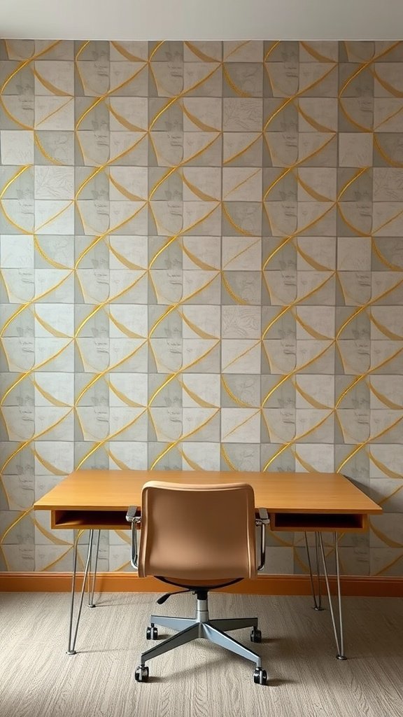 Office space with a geometric wallpaper accent wall, featuring a desk and chair.