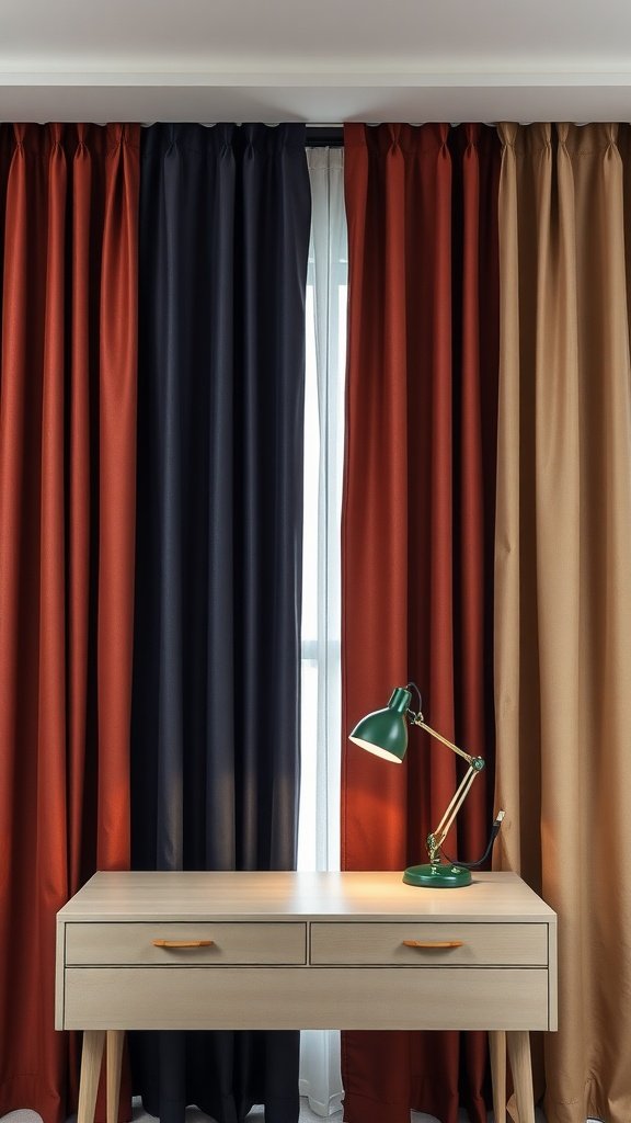 Color-blocked curtains in navy, orange, and beige with a modern desk and desk lamp.