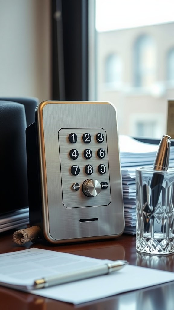A push-button intercom with a sleek design, placed on a desk with papers and a pen.