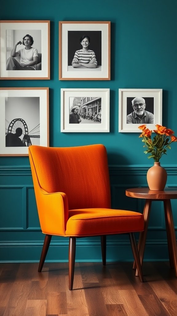 A vibrant burnt orange accent chair next to a small table and framed photos on a teal wall.