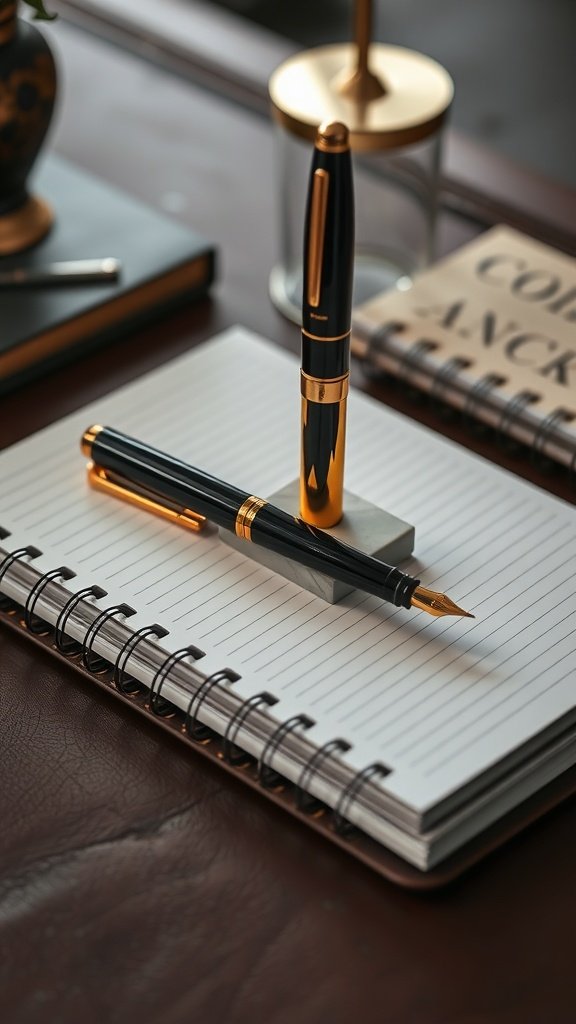 An elegant executive pen set featuring a fountain pen and a ballpoint pen, both with gold accents, resting on a lined notebook.