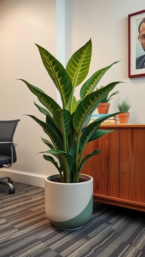 A tall plant in a modern pot placed in an office setting.