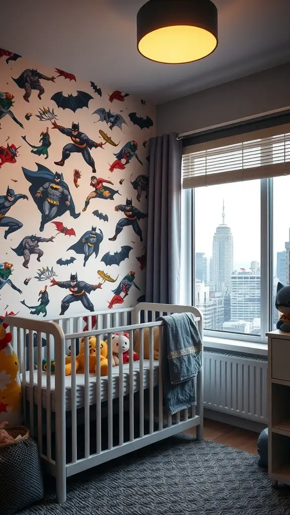 A nursery with superhero-themed wallpaper, a crib filled with stuffed toys, and a view of the city skyline.