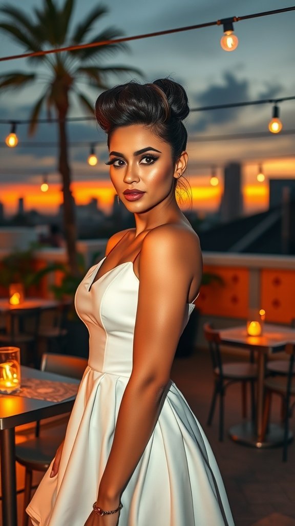 A woman in a sleek white dress poses confidently at sunset.