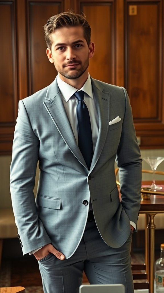 A handsome man in a grey suit stands confidently with a stylish appearance, embodying classic elegance.