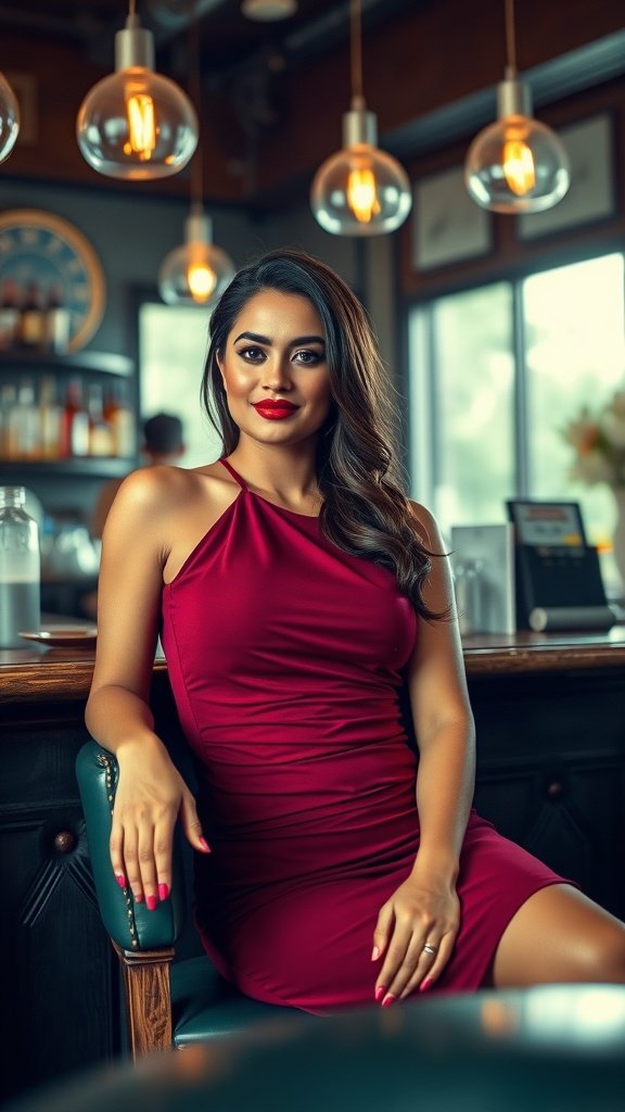 A woman in a burgundy dress sitting at a bar, showcasing rich tones and smoky eye makeup