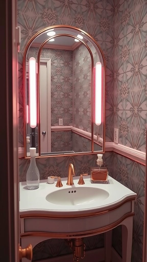 Glamorous powder room with champagne vanity, gold trim, and vintage wallpaper.