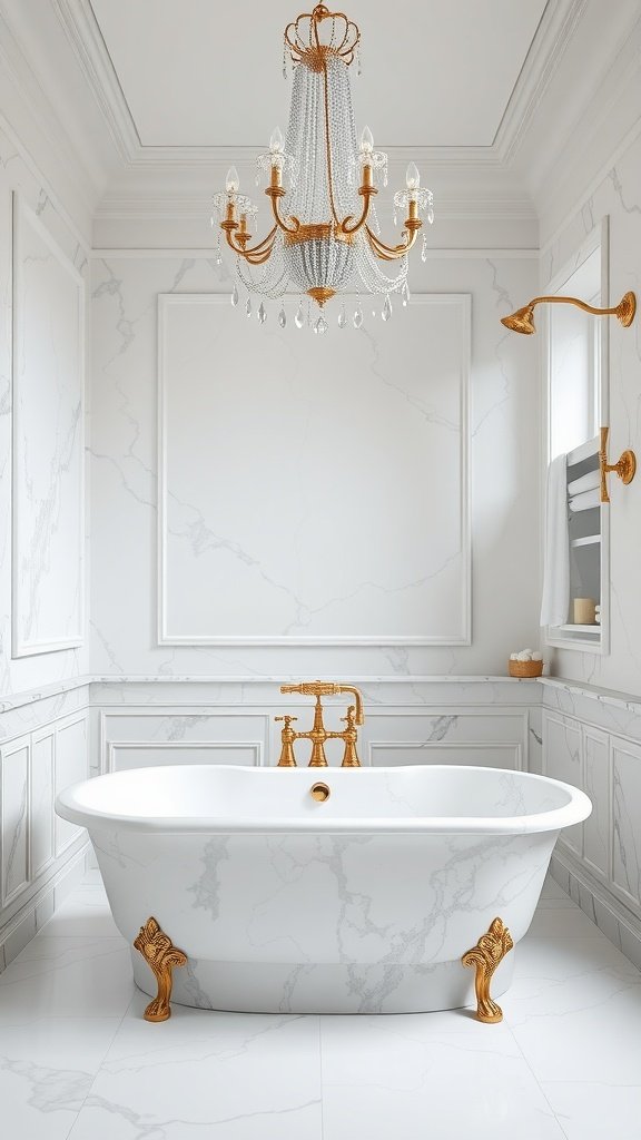A luxurious marble bathtub with golden accents, featuring a chandelier above, surrounded by marble walls and floors.