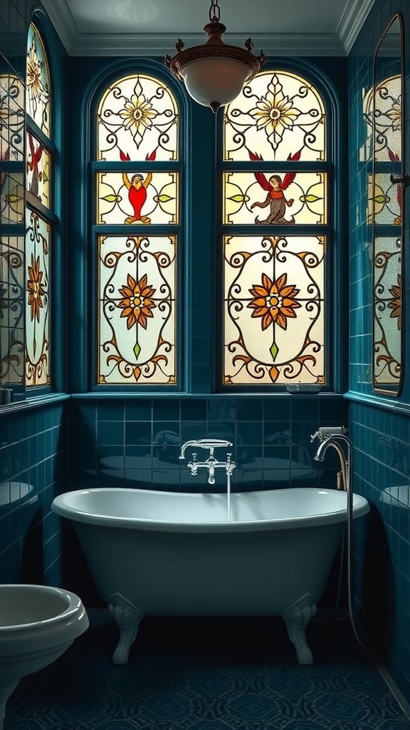 A beautifully styled bathroom featuring rich blue tiled walls, stained glass windows with floral designs, a white freestanding bathtub, and elegant fixtures.