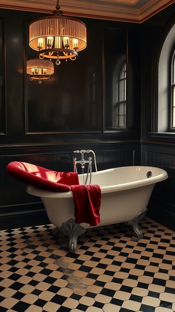 A luxurious bathroom featuring a freestanding bathtub beside a velvet chaise lounge, with black walls and a striking checkered floor.