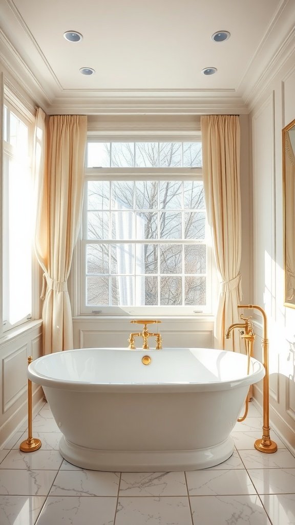 A luxurious bathroom with a freestanding tub, gold fixtures, and natural light coming through large windows.
