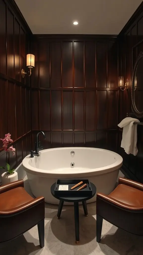 A sophisticated bathroom with dark wood paneling, a freestanding tub, and stylish seating.