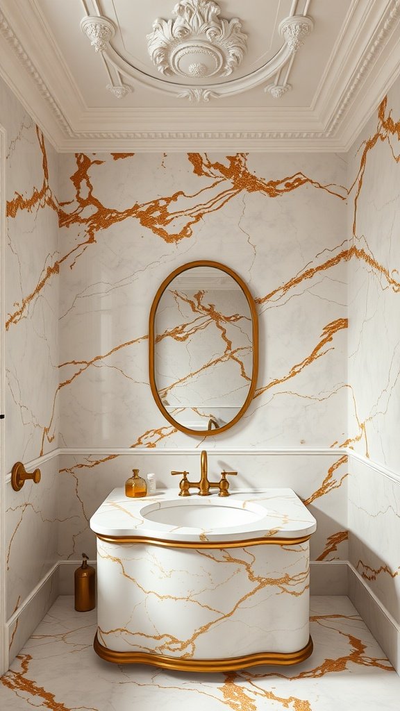 Luxurious marble bathroom with golden accents and an ornate ceiling