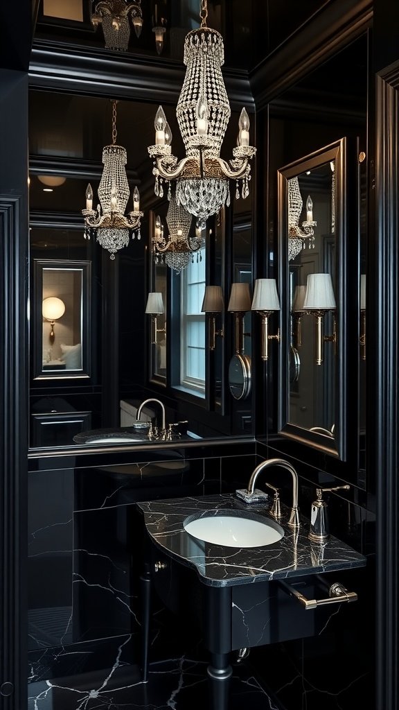 Luxurious black bathroom with crystal chandelier and marble countertop, reflecting 1920s decor.