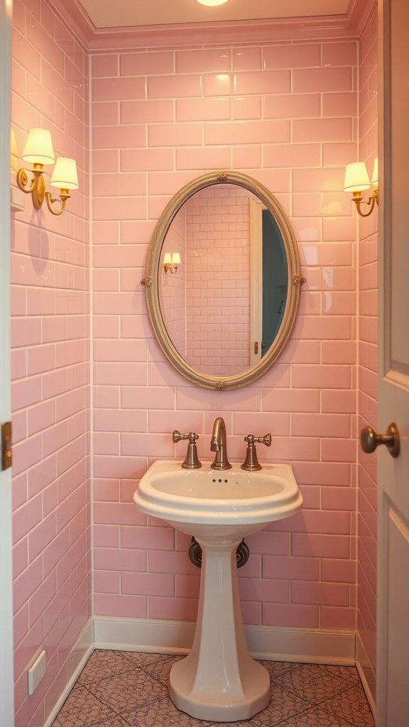 A vintage-inspired bathroom with soft pink tiles, a round mirror, and classic fixtures.