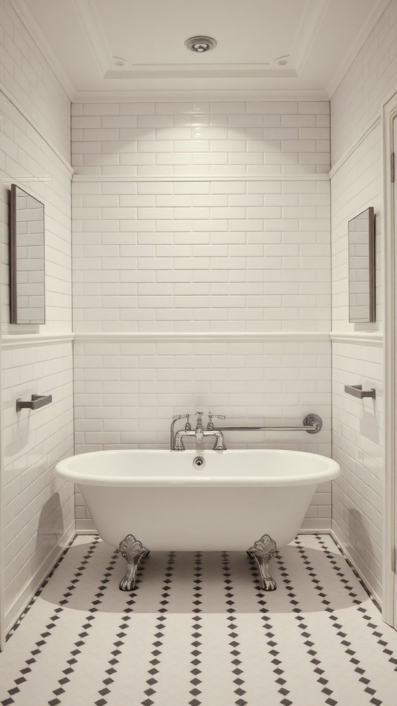 A minimalist bathroom featuring a white freestanding bathtub with clawfoot legs, subway tile walls, and a black and white checkered floor.