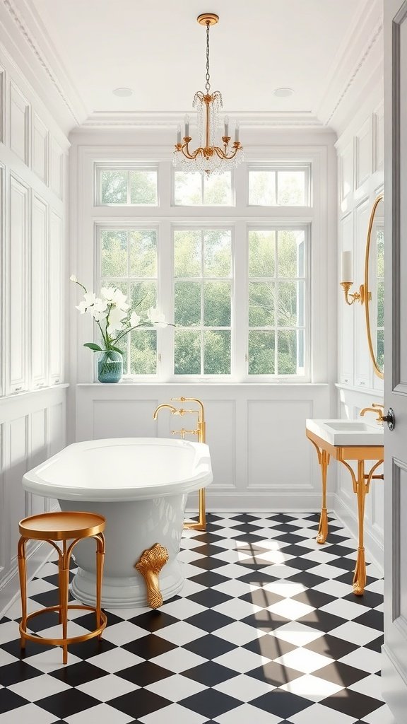 Elegant bathroom with black and white checkered floor, gold accents, and large windows allowing natural light.