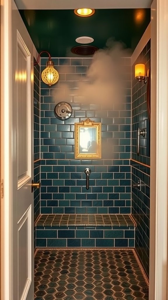 A luxurious steam room with teal tiles, antique lighting, and a vintage mirror.