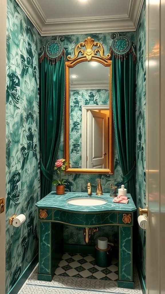 Luxurious washroom with velvet curtains, marble sink, and ornate mirror