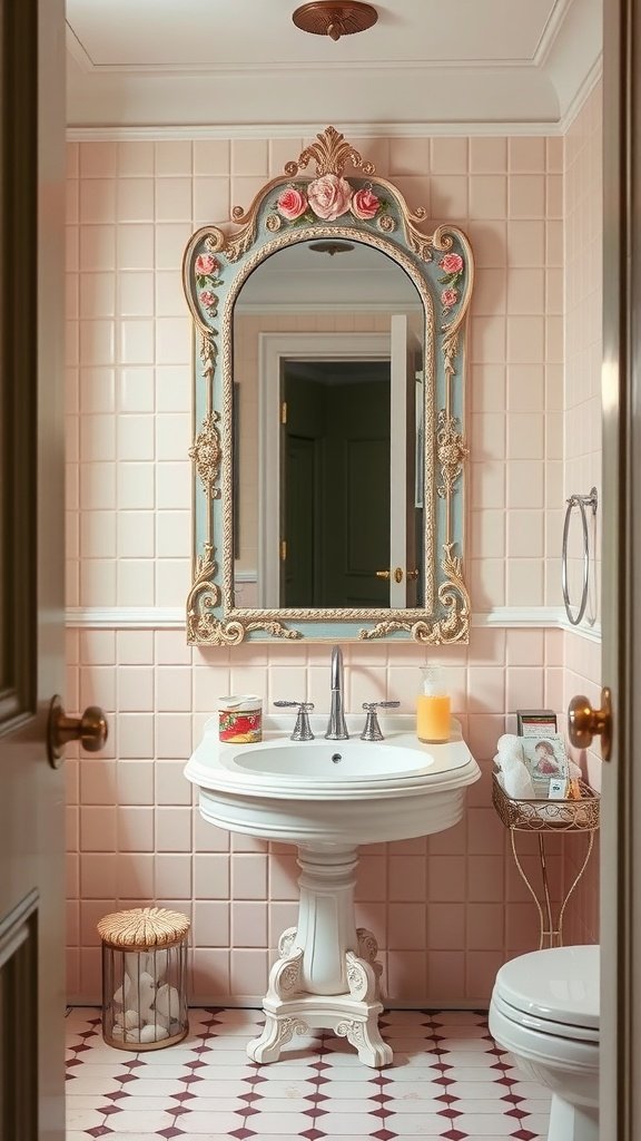 A pastel-themed bathroom with vintage decor, featuring a floral mirror and classic sink.