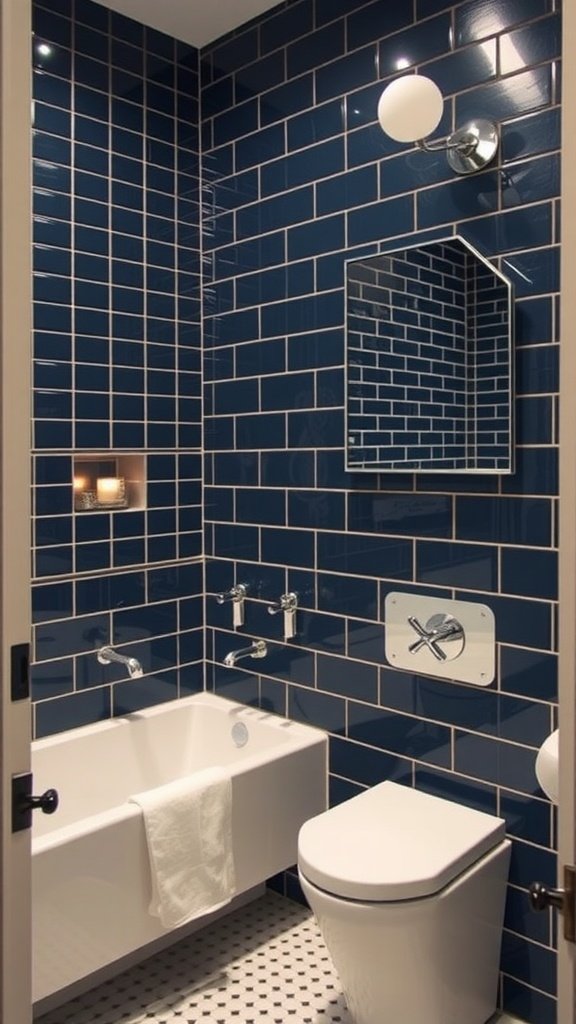 A modern bathroom featuring deep blue tiled walls, a sleek white bathtub, and silver fixtures.