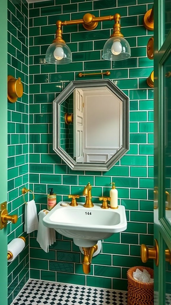 A stylish bathroom with emerald green tiles, gold fixtures, and a hexagonal mirror.