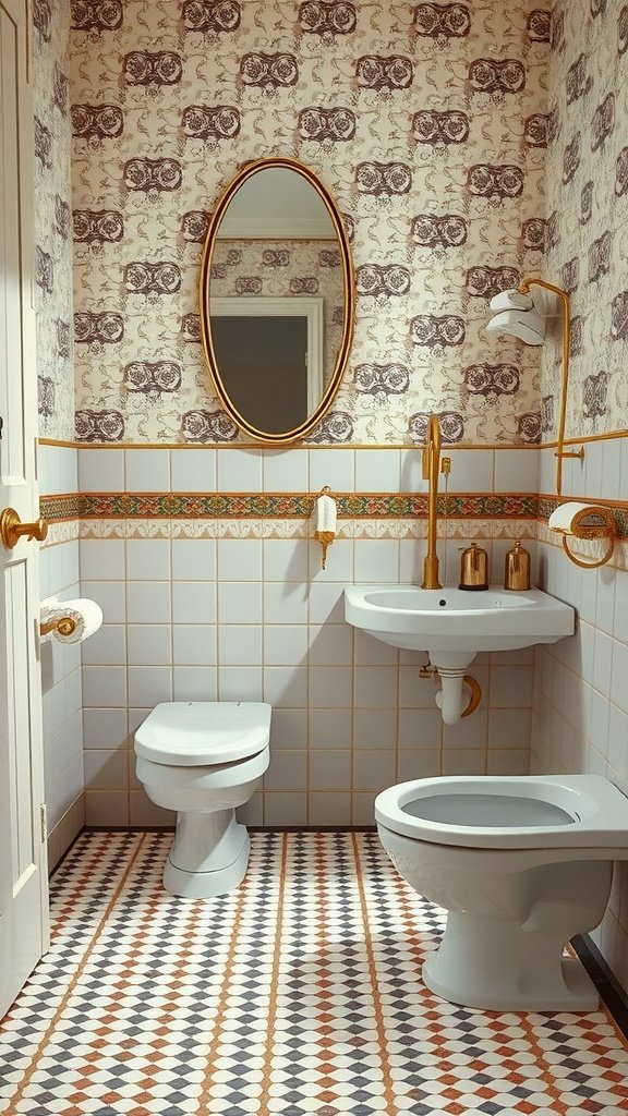 A stylish powder room with floral wallpaper, a golden mirror, and patterned flooring.