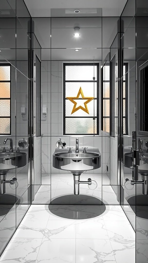 A modern bathroom with mirrored walls, a stylish sink, and a star-shaped window.