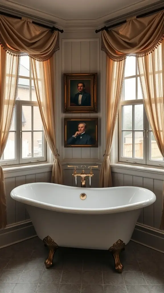 A luxurious bathroom featuring a clawfoot tub, golden accents, and elegant curtains.