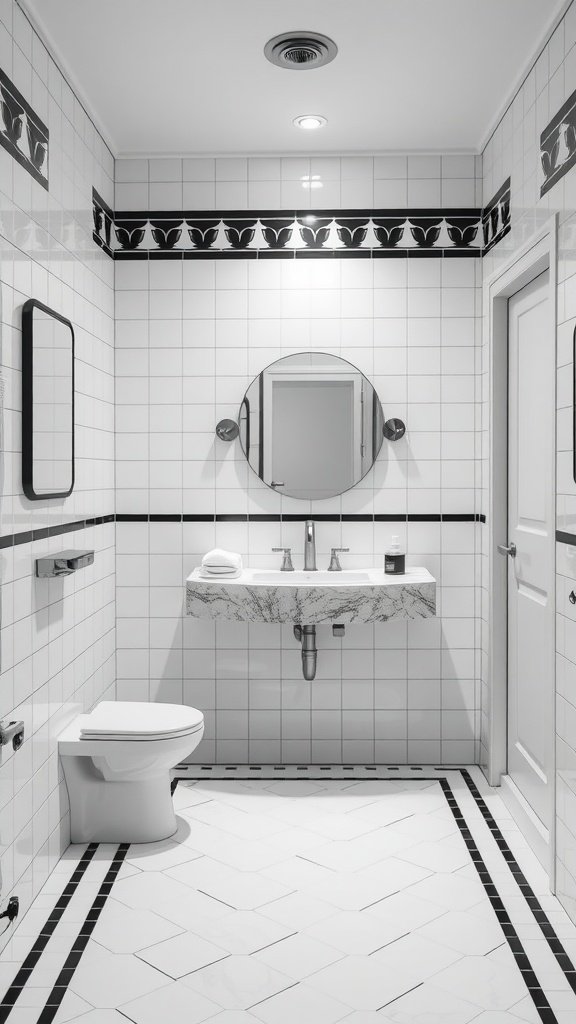 A stylish black and white bathroom with marble sink and geometric tiles.