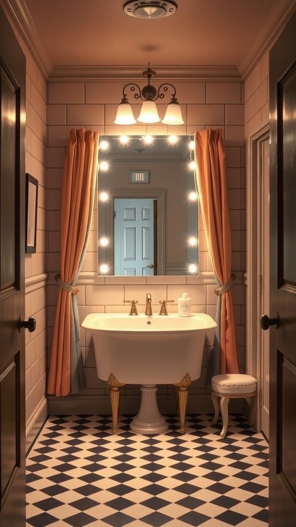 A stylish bathroom with a freestanding tub, patterned floor, and warm lighting, inspired by classic cinemas.