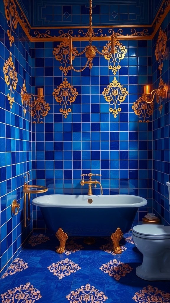A luxurious bathroom featuring blue tiles and gold filigree detailing, with a deep blue claw-foot bathtub.