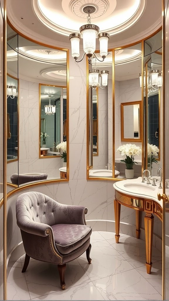 Luxurious bathroom with black walls, gold accents, and marble countertop