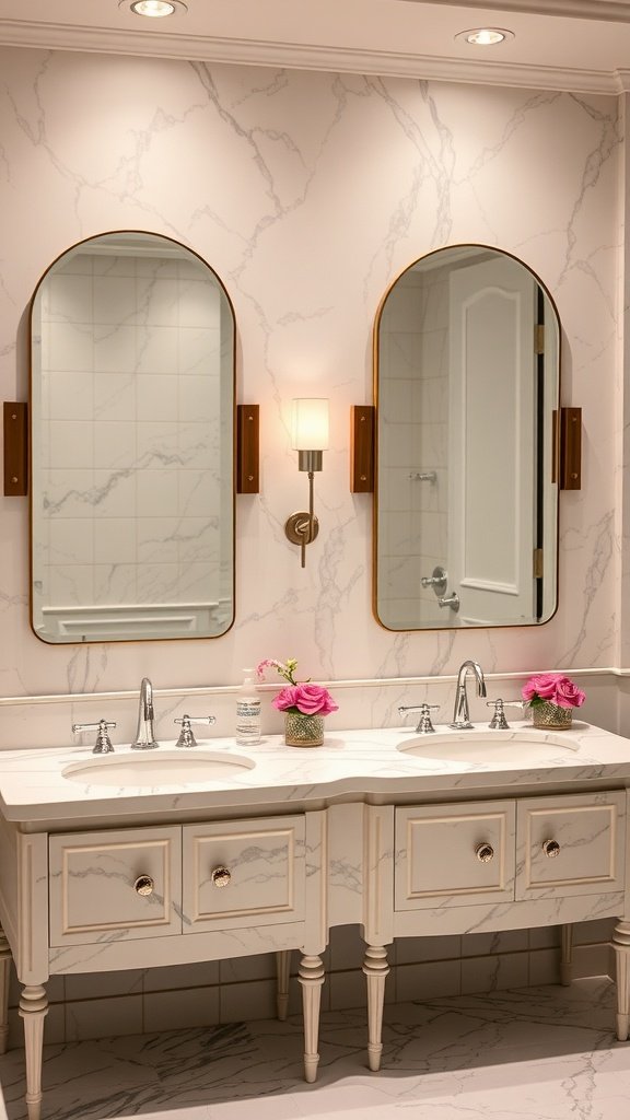 Luxurious bathroom with dual sinks, marble countertop, and soft lighting