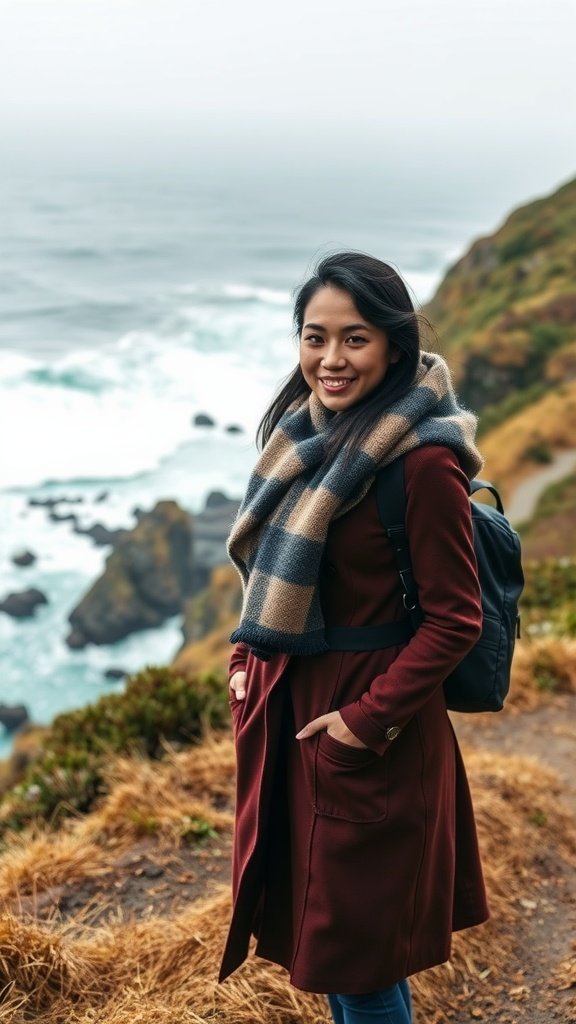 A woman wearing a maroon wool travel coat and a plaid scarf, standing against a coastal backdrop.