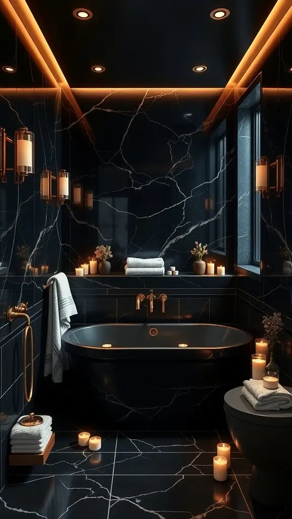A luxurious bathroom with black marble walls, gold fixtures, and soft lighting, featuring a freestanding bathtub and candles.