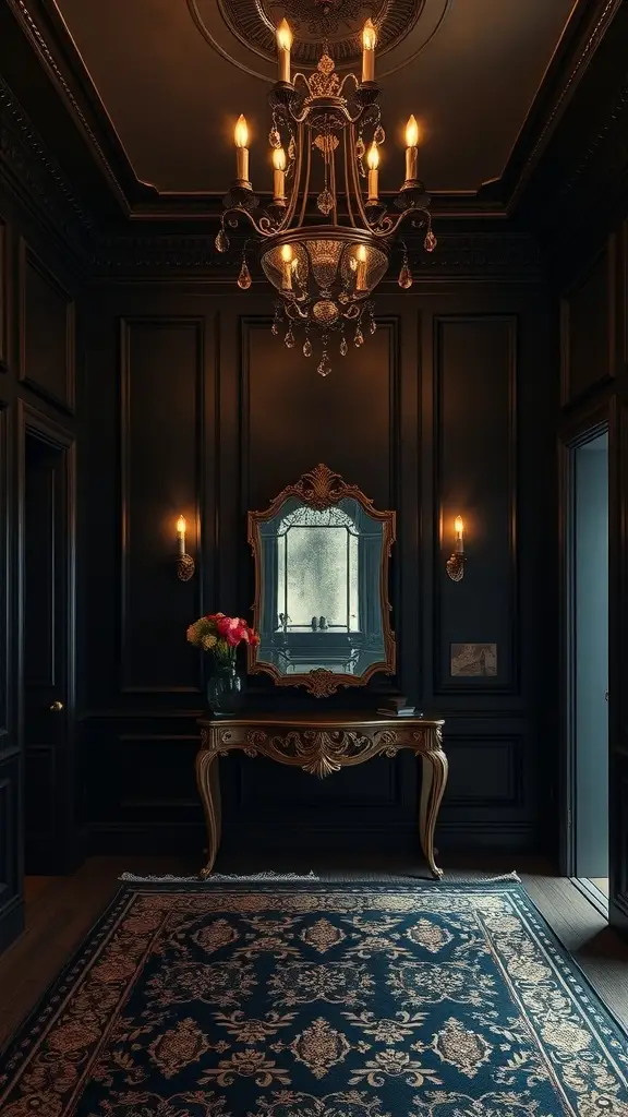 A grand Gotham inspired entryway with a rug, a mirror and a gothic chandelier