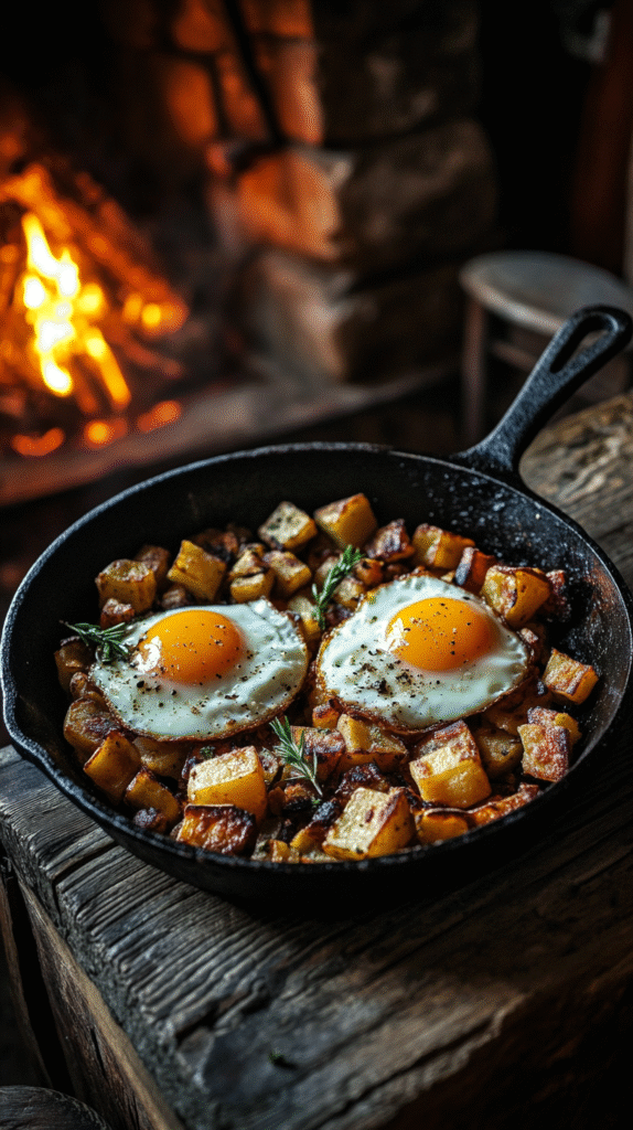 A skillet of crispy potato hash topped with fried eggs, set on a rustic wooden table in a cozy, firelit medieval room.