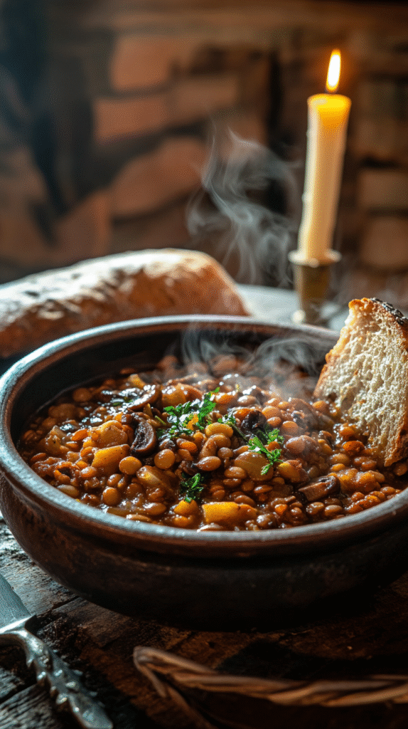 A steaming bowl of lentil and mushroom stew with bread, set on a wooden table in a medieval stone dining hall.