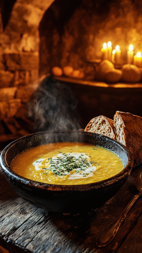 A steaming bowl of roasted winter squash soup with cream and herbs, set on a wooden table in a candlelit medieval stone hall.