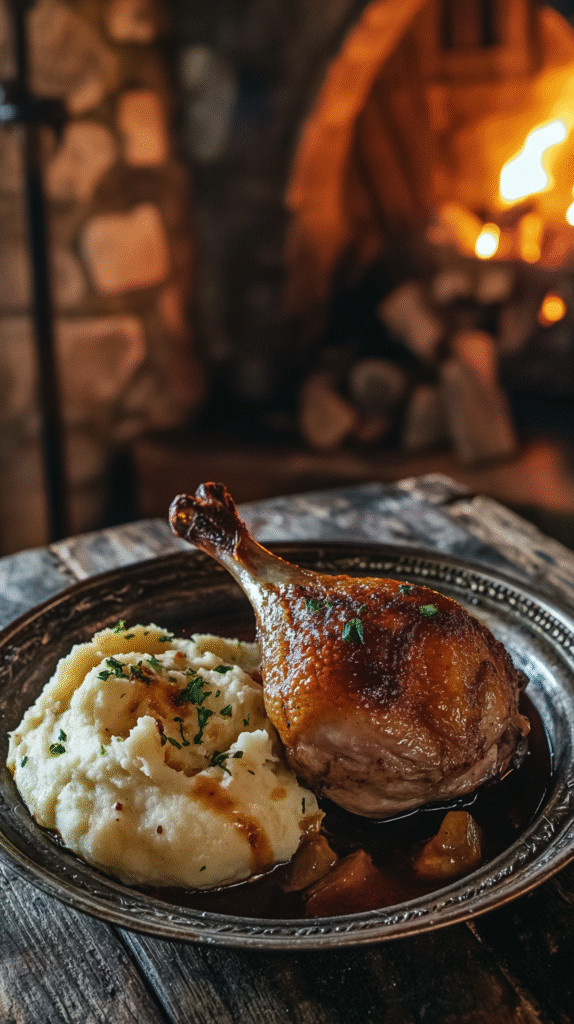 A plate of duck confit with garlic mashed potatoes on a wooden table in a medieval stone hall with torchlight.