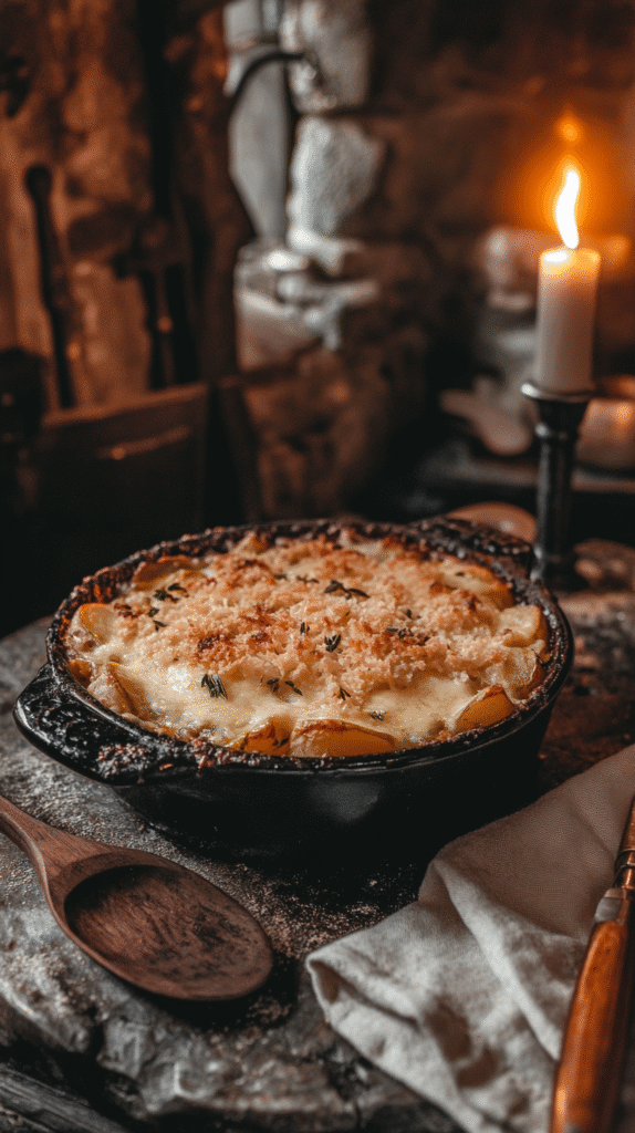 A golden-baked winter vegetable gratin in a rustic dish, layered with root vegetables and cheese, set in a medieval stone kitchen.