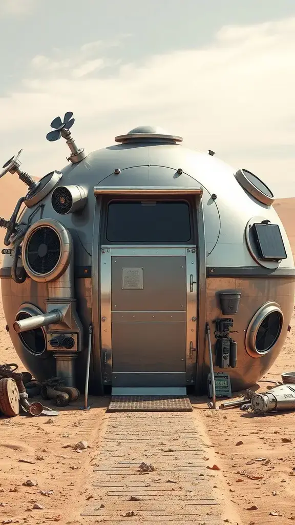 A futuristic dome-shaped house made of metal, set in a sandy desert environment.