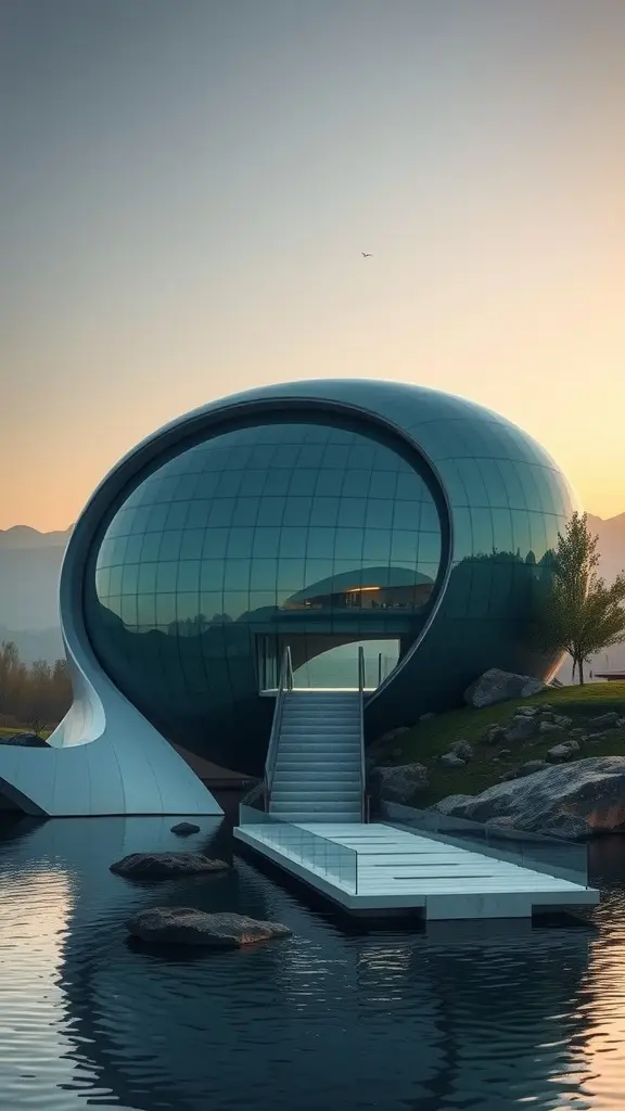 A futuristic glass house by the water with smooth curves and a unique design.